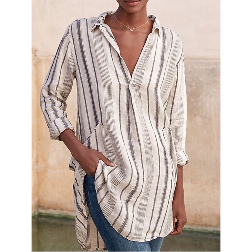 CP Shades Teton Linen Tunic Top Striped Crinkled Linen Collared Size Medium